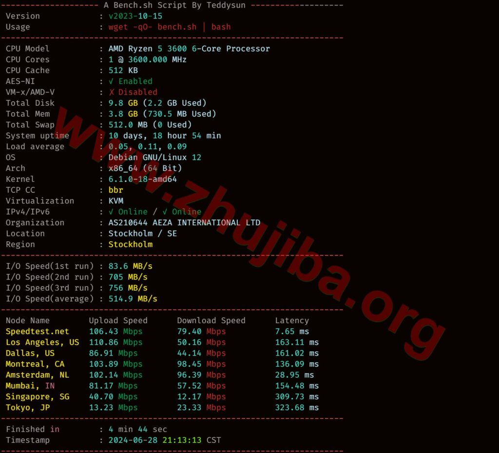 图片[1]-aeza:斯德哥尔摩1核4G系统盘10G带宽100M不限流量=1.09欧/月测评-主机吧