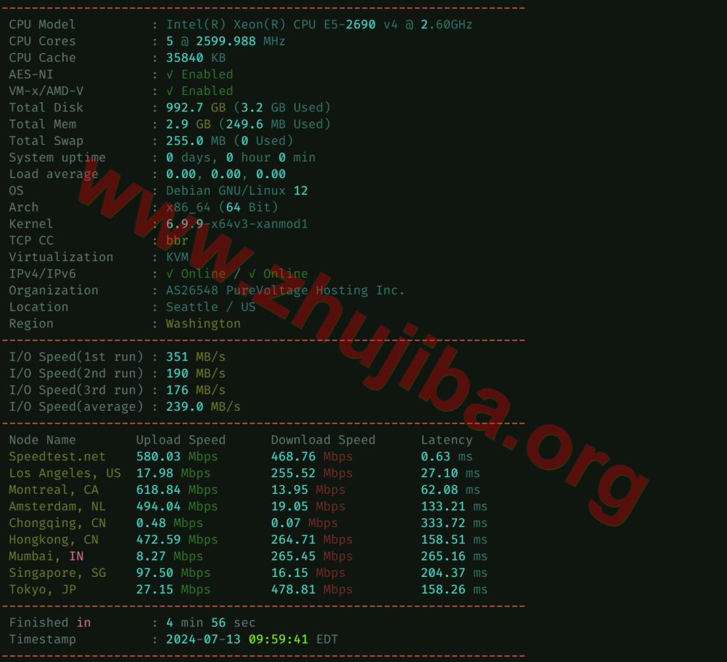 图片[1]-aquatis:美国德克萨斯5核/3G内存/系统盘10G/1THDD/带宽1G/10T流量=9刀/月测评-主机吧