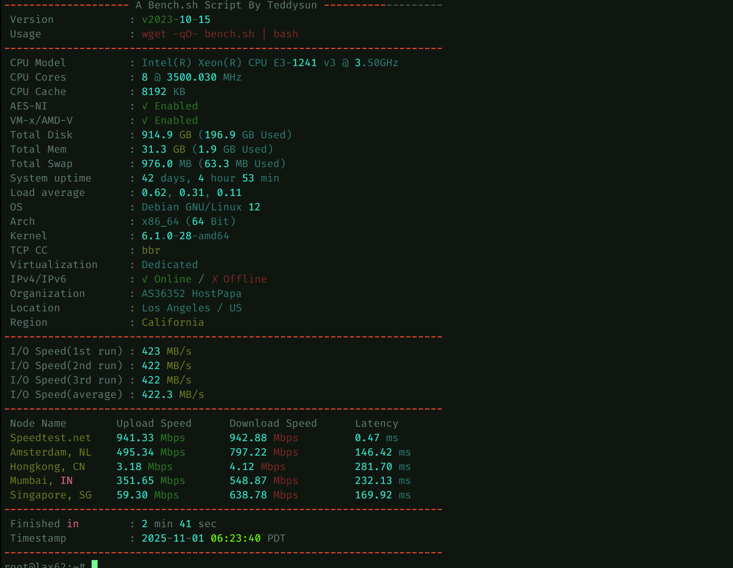 colorcrossing美国洛杉矶独服/E3-1241-V3/系统盘1T/内存32G/宽带1000M流量300T/月=111$美元/年测评-主机吧